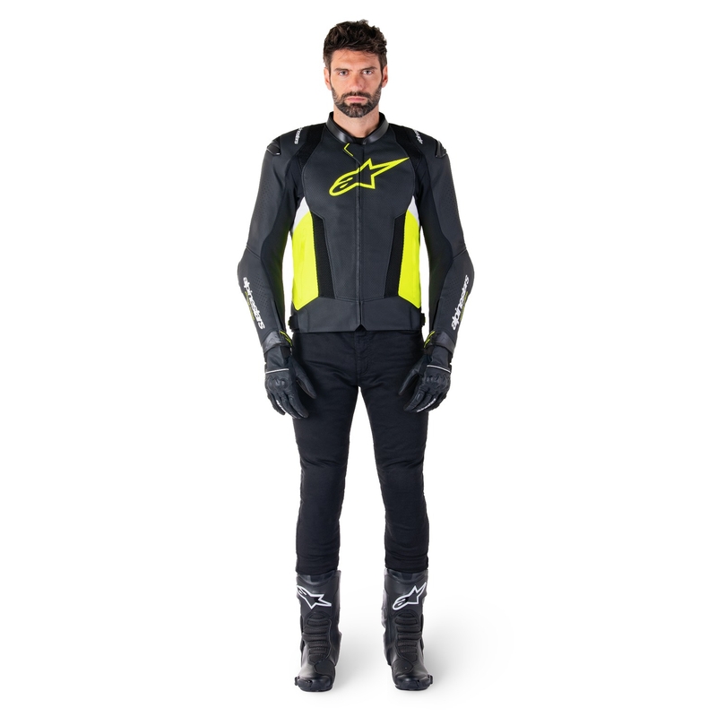 Blouson moto en cuir Alpinestars Missile 3 Airflow noir-jaune fluo-blanc