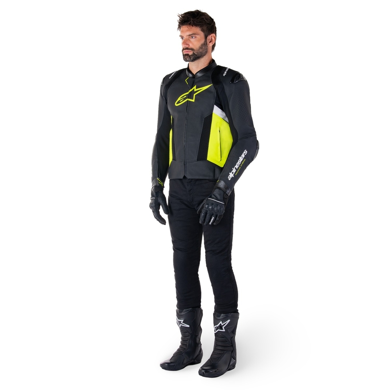 Blouson moto en cuir Alpinestars Missile 3 Airflow noir-jaune fluo-blanc