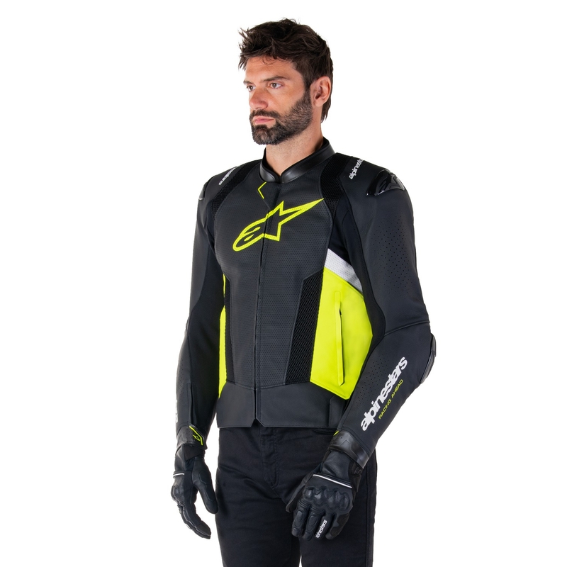 Blouson moto en cuir Alpinestars Missile 3 Airflow noir-jaune fluo-blanc