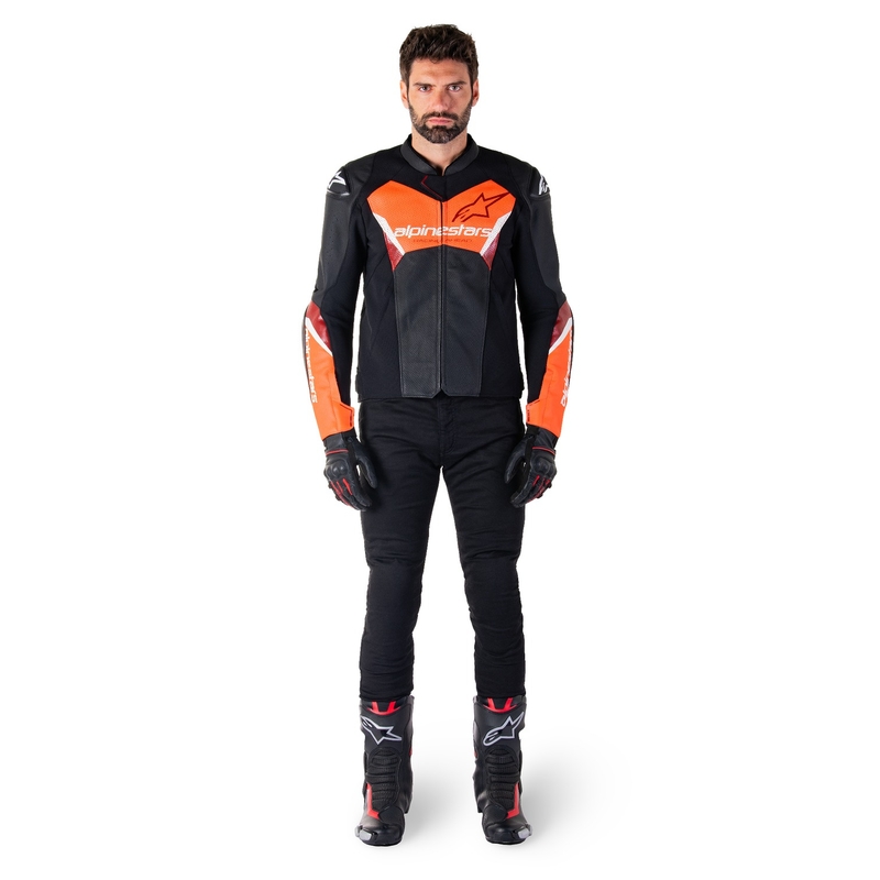 Blouson moto en cuir Alpinestars Faster 3 Airflow noir-rouge fluo