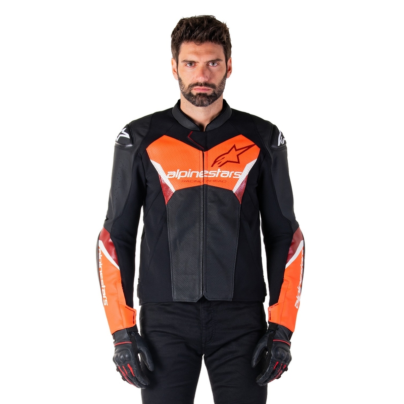Blouson moto en cuir Alpinestars Faster 3 Airflow noir-rouge fluo