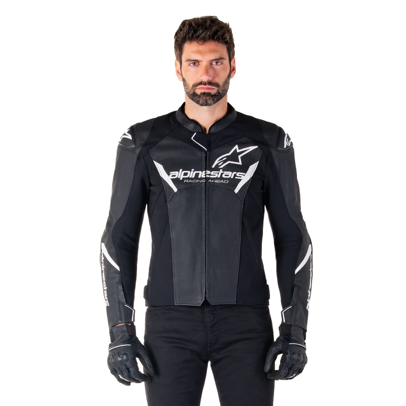 Blouson moto en cuir Alpinestars Faster 3 Airflow noir-blanc