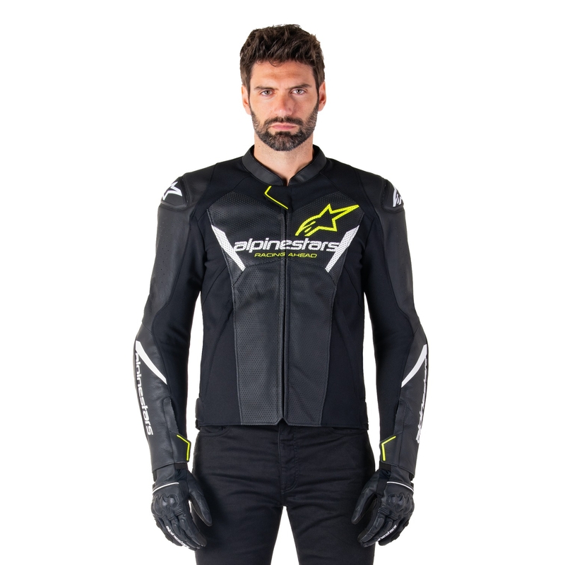 Blouson moto en cuir Alpinestars Faster 3 Airflow noir-blanc-jaune