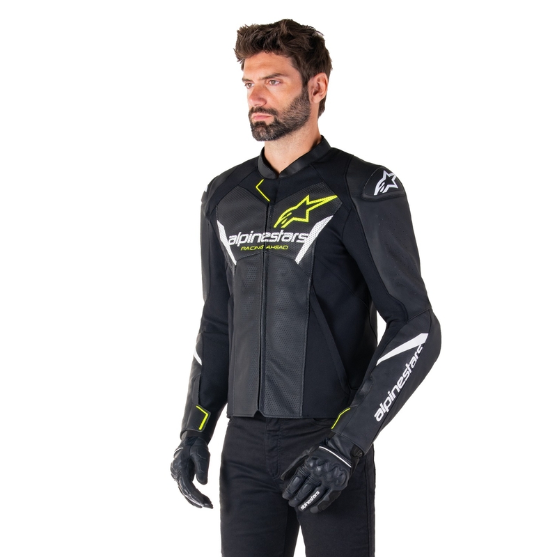 Blouson moto en cuir Alpinestars Faster 3 Airflow noir-blanc-jaune