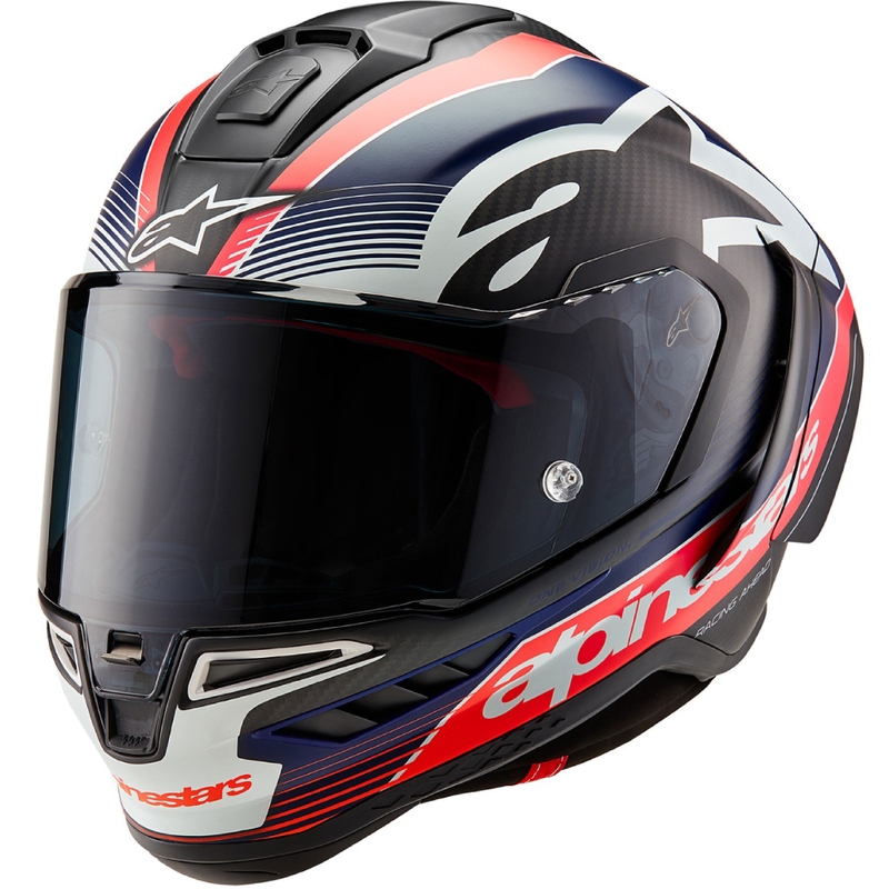 Casque moto intégral Alpinestars Supertech R-10 Team carbone rouge fluo-bleu-blanc mat
