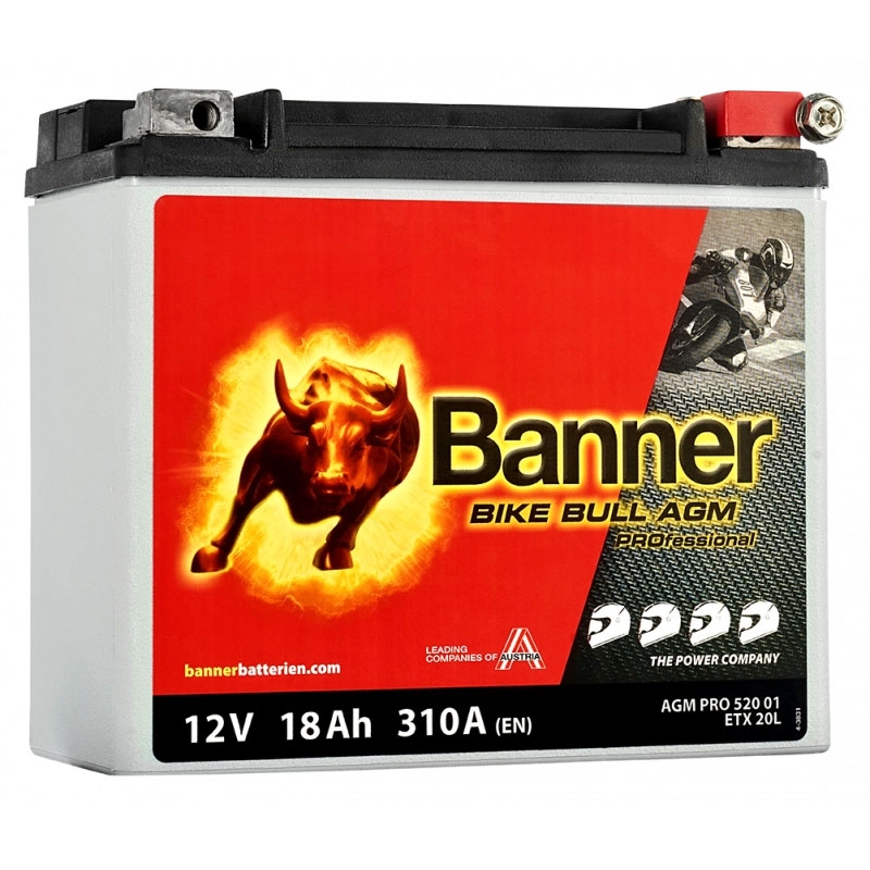 Batterie moto sans entretien Banner Bike Bull AGM PRO 520 01/BETX20L - ETX20L 12V, 18Ah, 310A