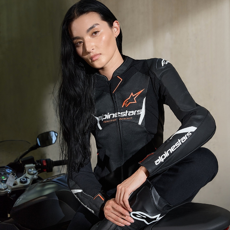 Blouson moto en cuir femme Alpinestars Stella Faster 3 noir-blanc-rouge fluo