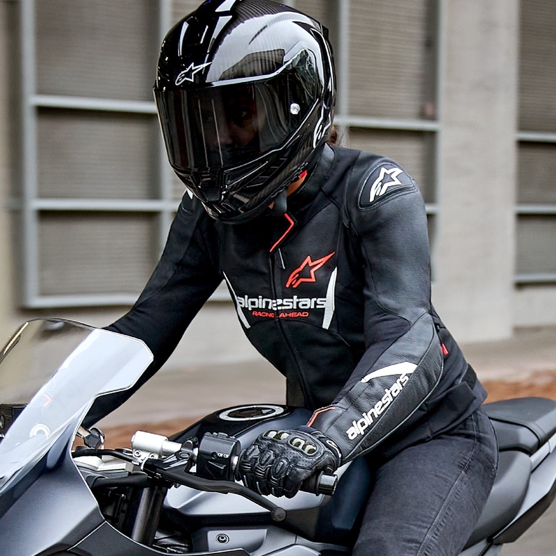 Blouson moto en cuir femme Alpinestars Stella Faster 3 noir-blanc-rouge fluo