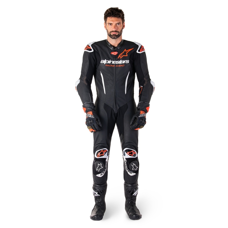 Combinaison moto une pièce en cuir Alpinestars GP-R7 Tech-Air ready/compatible noir-blanc-rouge fluo