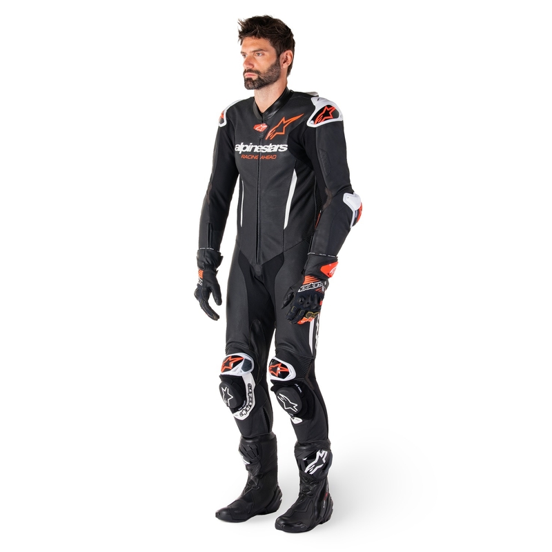 Combinaison moto une pièce en cuir Alpinestars GP-R7 Tech-Air ready/compatible noir-blanc-rouge fluo