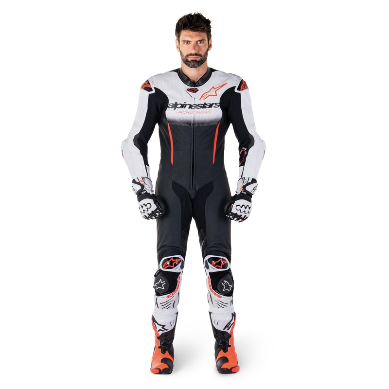 Combinaison en cuir une pièce Alpinestars GP-R7 Tech-Air Ready/Compatible Blanc-Noir-Rouge Fluo
