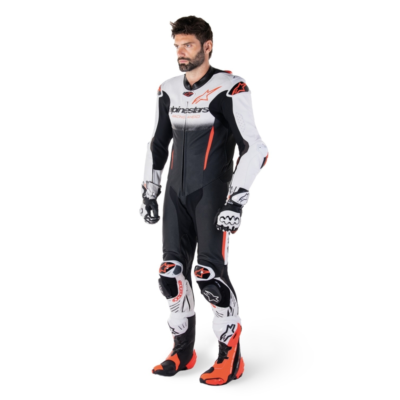 Combinaison en cuir une pièce Alpinestars GP-R7 Tech-Air Ready/Compatible Blanc-Noir-Rouge Fluo