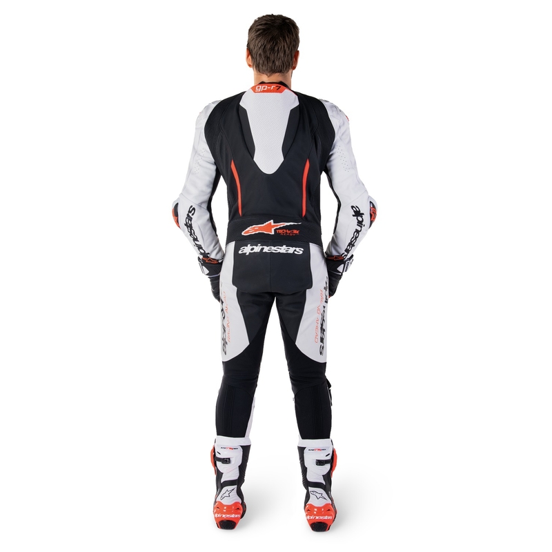 Combinaison en cuir une pièce Alpinestars GP-R7 Tech-Air Ready/Compatible Blanc-Noir-Rouge Fluo