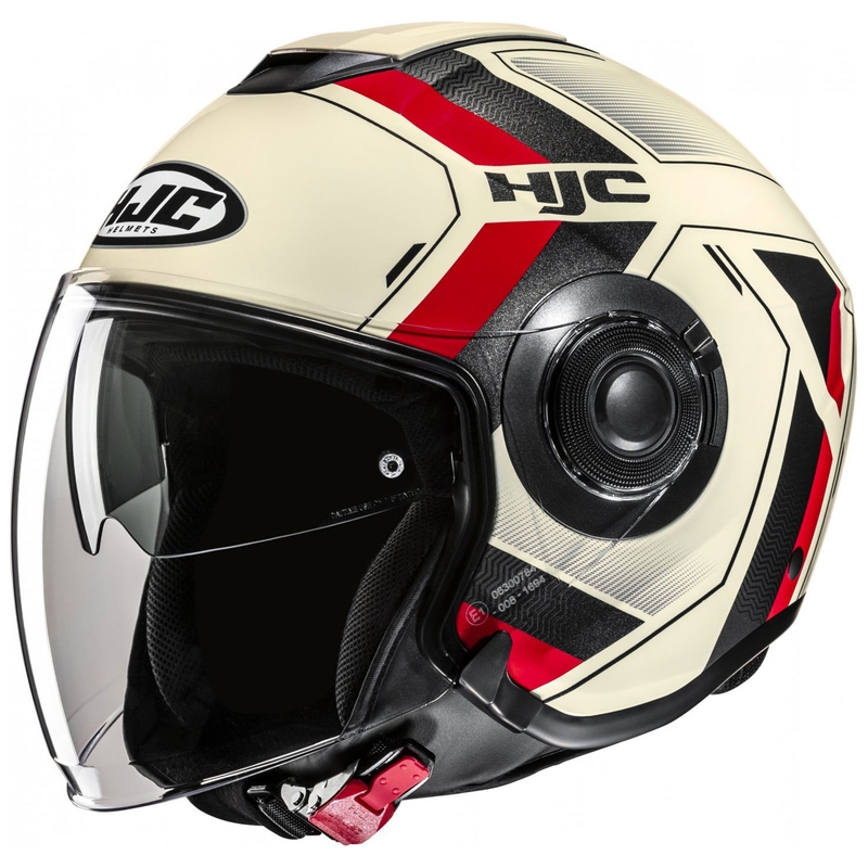 Casque moto ouvert HJC i40N Velu MC1 beige-noir-rouge