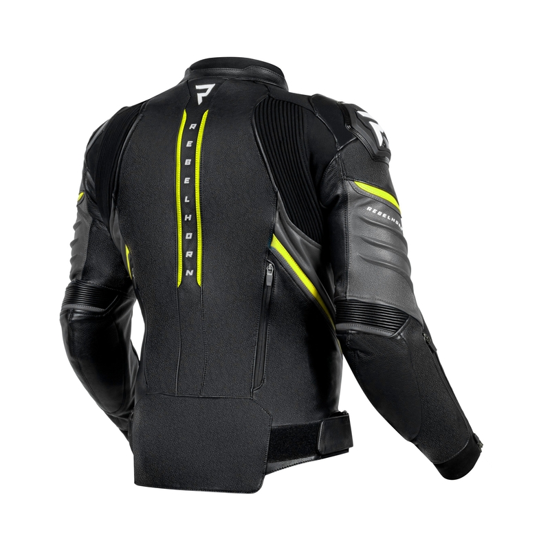 Blouson moto cuir Rebelhorn Veloce noir-gris-jaune fluo