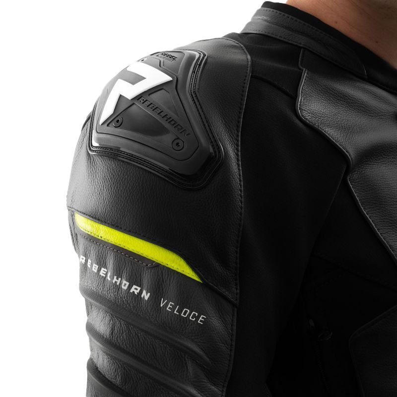 Blouson moto cuir Rebelhorn Veloce noir-gris-jaune fluo