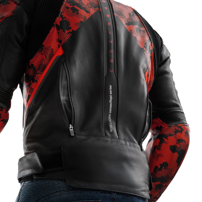 Blouson moto cuir Rebelhorn Veloce noir-camo rouge