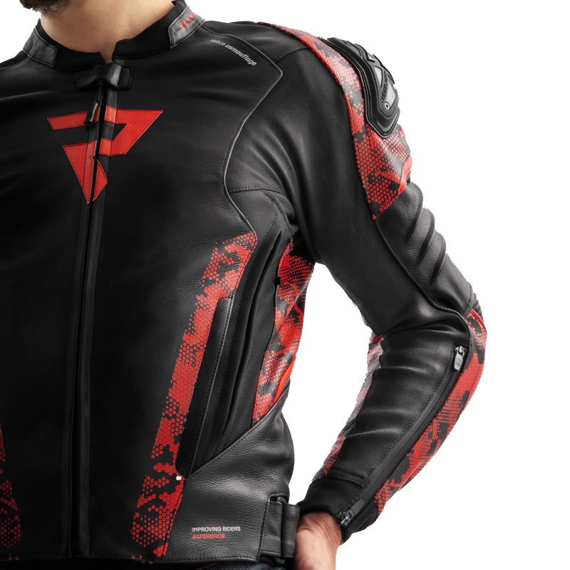 Blouson moto cuir Rebelhorn Veloce noir-camo rouge