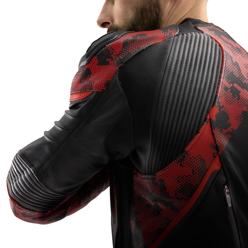 Blouson moto cuir Rebelhorn Veloce noir-camo rouge