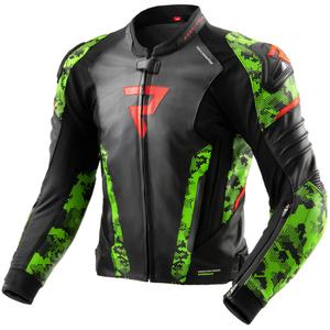 Blouson moto cuir Rebelhorn Veloce noir-camo vert-rouge fluo