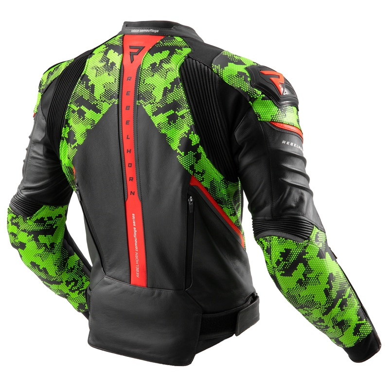 Blouson moto cuir Rebelhorn Veloce noir-camo vert-rouge fluo