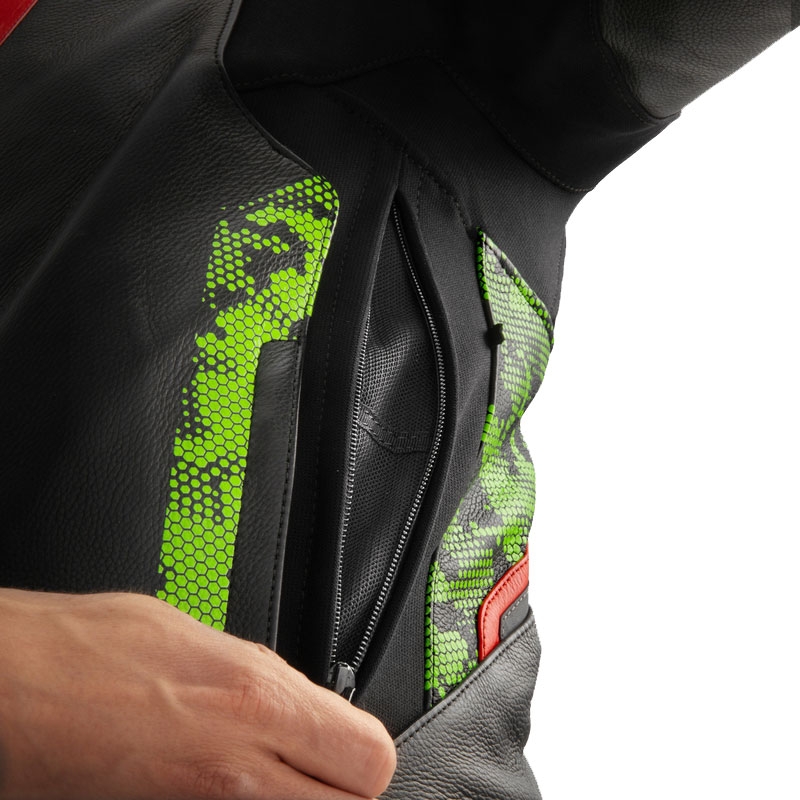Blouson moto cuir Rebelhorn Veloce noir-camo vert-rouge fluo