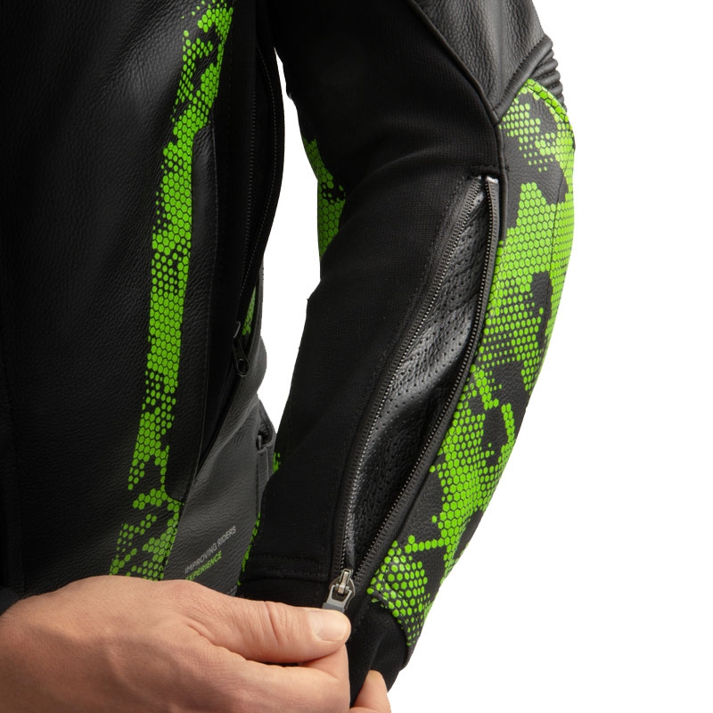 Blouson moto cuir Rebelhorn Veloce noir-camo vert-rouge fluo