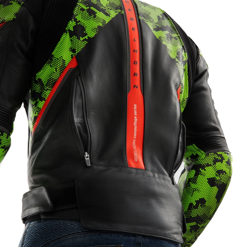 Blouson moto cuir Rebelhorn Veloce noir-camo vert-rouge fluo