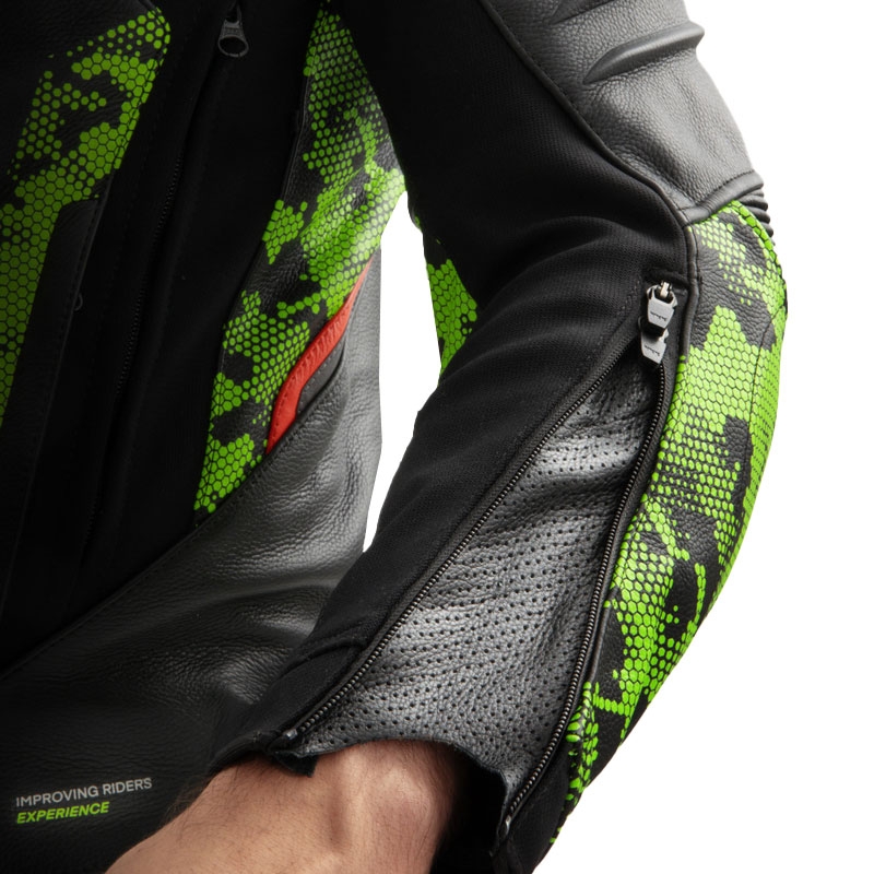 Blouson moto cuir Rebelhorn Veloce noir-camo vert-rouge fluo