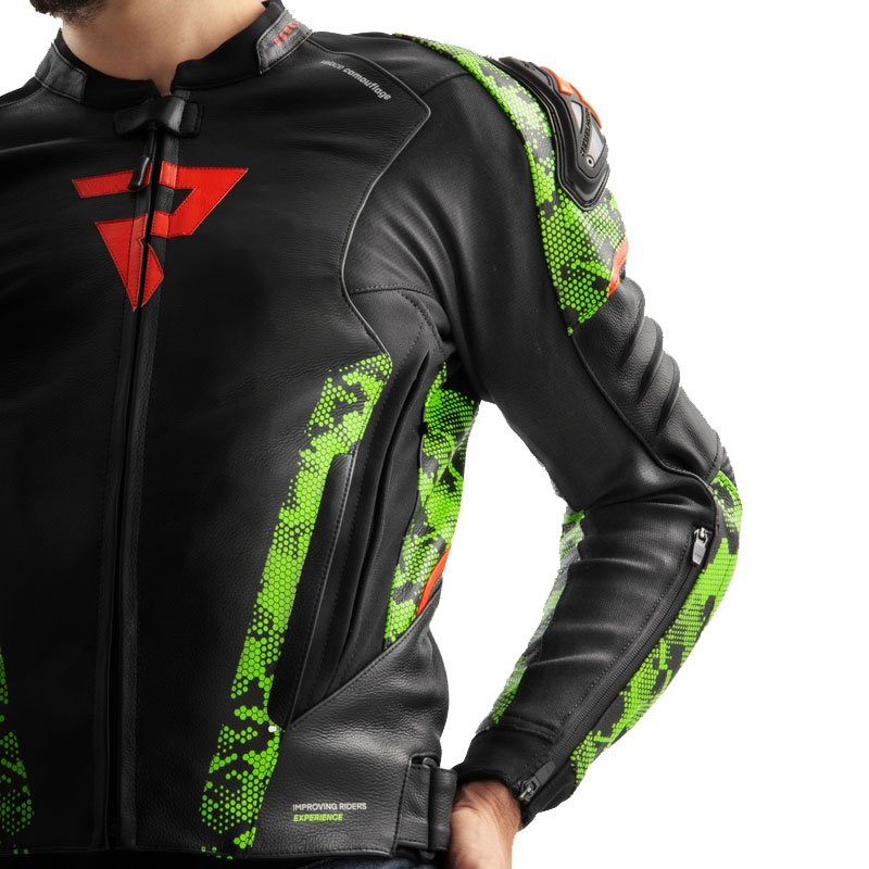 Blouson moto cuir Rebelhorn Veloce noir-camo vert-rouge fluo