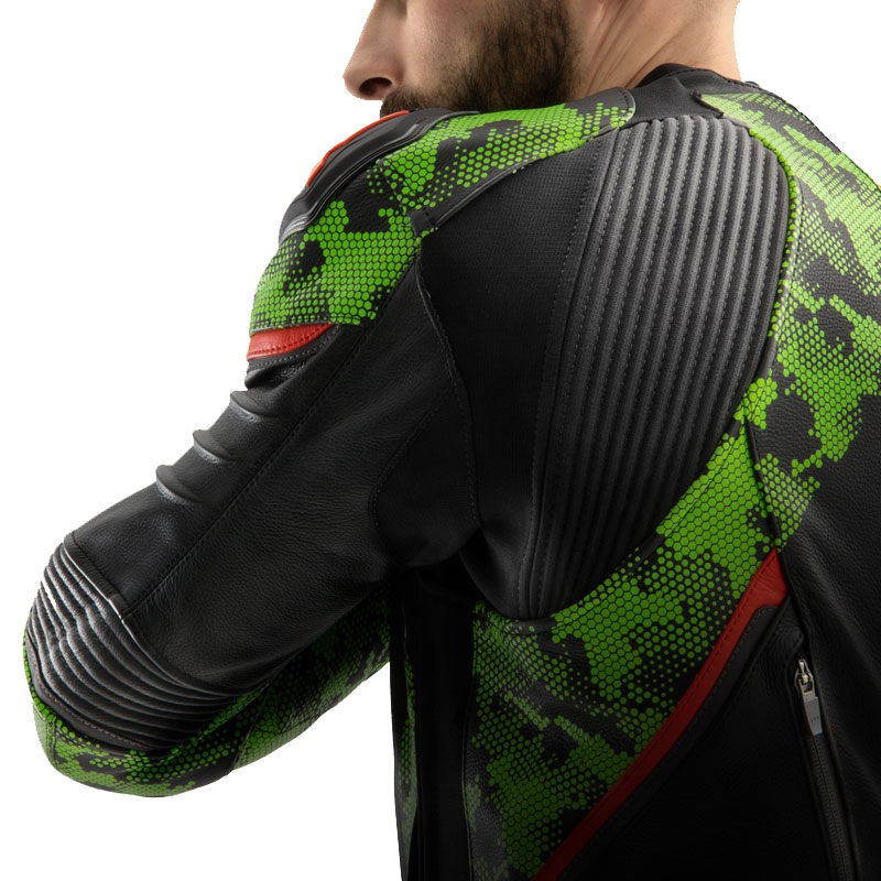 Blouson moto cuir Rebelhorn Veloce noir-camo vert-rouge fluo