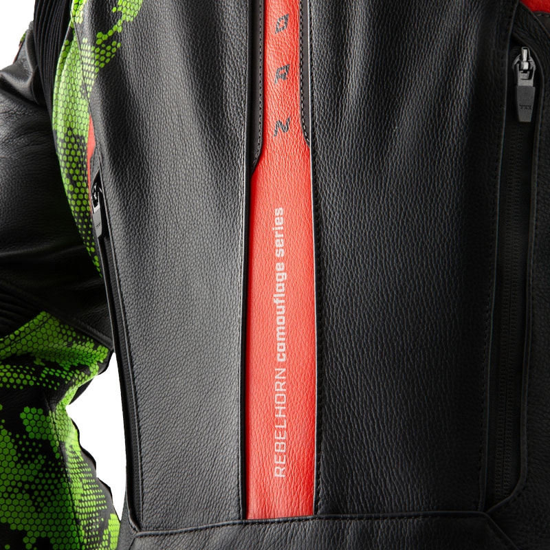 Blouson moto cuir Rebelhorn Veloce noir-camo vert-rouge fluo