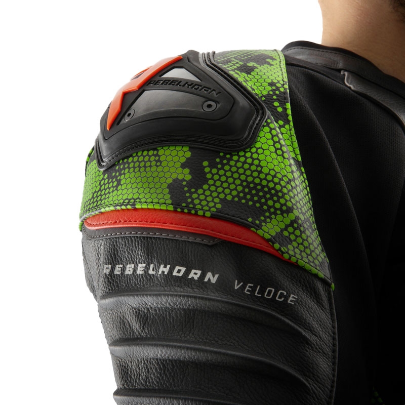 Blouson moto cuir Rebelhorn Veloce noir-camo vert-rouge fluo