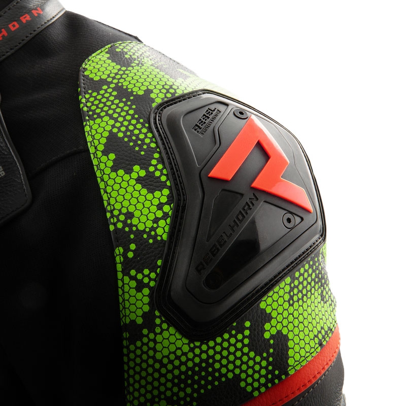 Blouson moto cuir Rebelhorn Veloce noir-camo vert-rouge fluo