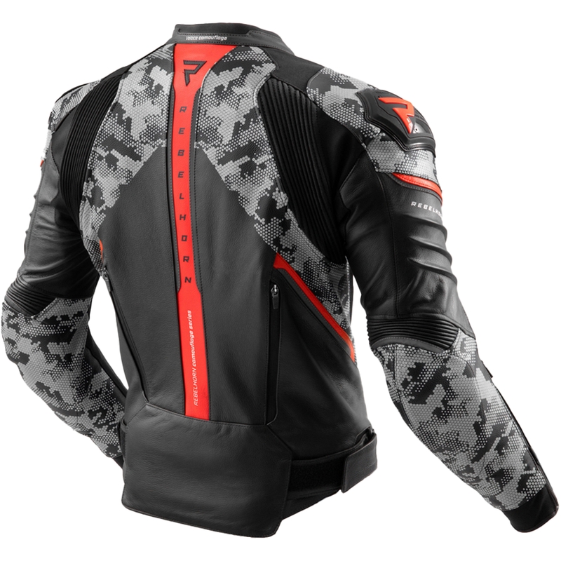 Blouson moto en cuir Rebelhorn Veloce noir-gris-rouge fluo