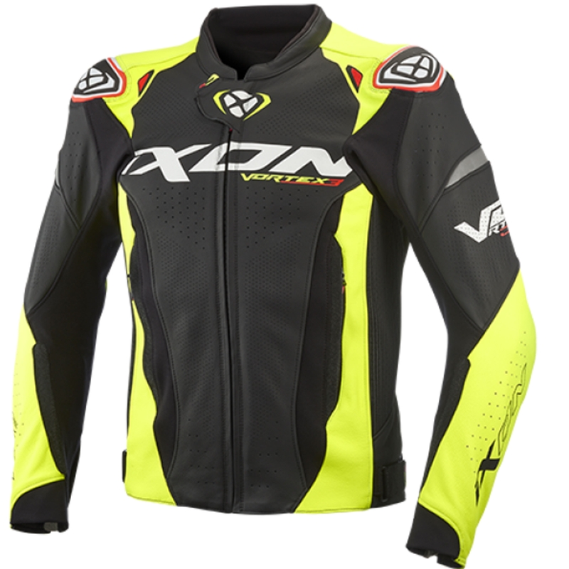 Blouson moto en cuir IXON Vortex 3 noir-jaune fluo
