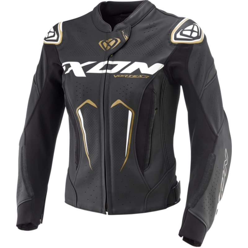 Blouson moto cuir femme IXON Vortex 3 noir-blanc-or