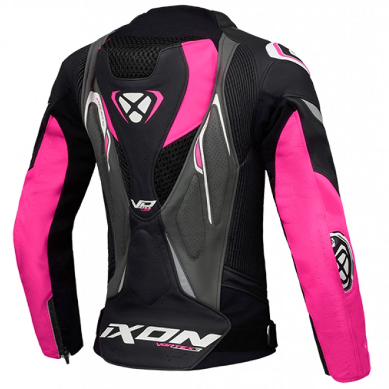 Blouson moto cuir femme IXON Vortex 3 noir-rose-blanc