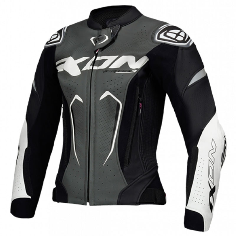 Blouson moto cuir femme IXON Vortex 3 noir-anthracite-blanc