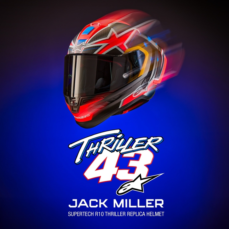 Casque moto intégral Alpinestars Supertech R10 édition limitée Jack Miller carbone mat rouge-bleu-jaune-blanc