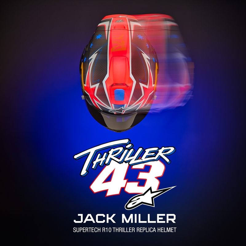 Casque moto intégral Alpinestars Supertech R10 édition limitée Jack Miller carbone mat rouge-bleu-jaune-blanc