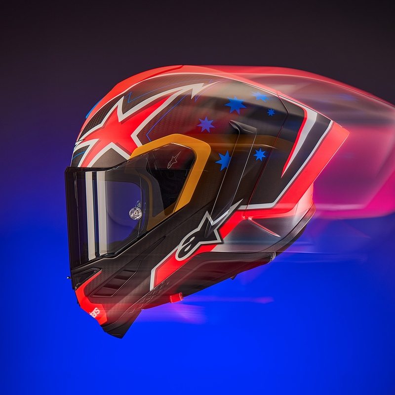 Casque moto intégral Alpinestars Supertech R10 édition limitée Jack Miller carbone mat rouge-bleu-jaune-blanc