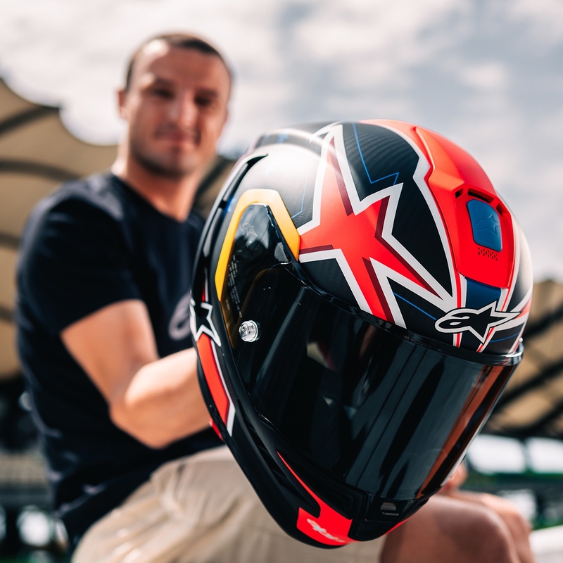 Casque moto intégral Alpinestars Supertech R10 édition limitée Jack Miller carbone mat rouge-bleu-jaune-blanc