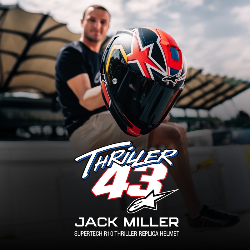 Casque moto intégral Alpinestars Supertech R10 édition limitée Jack Miller carbone mat rouge-bleu-jaune-blanc