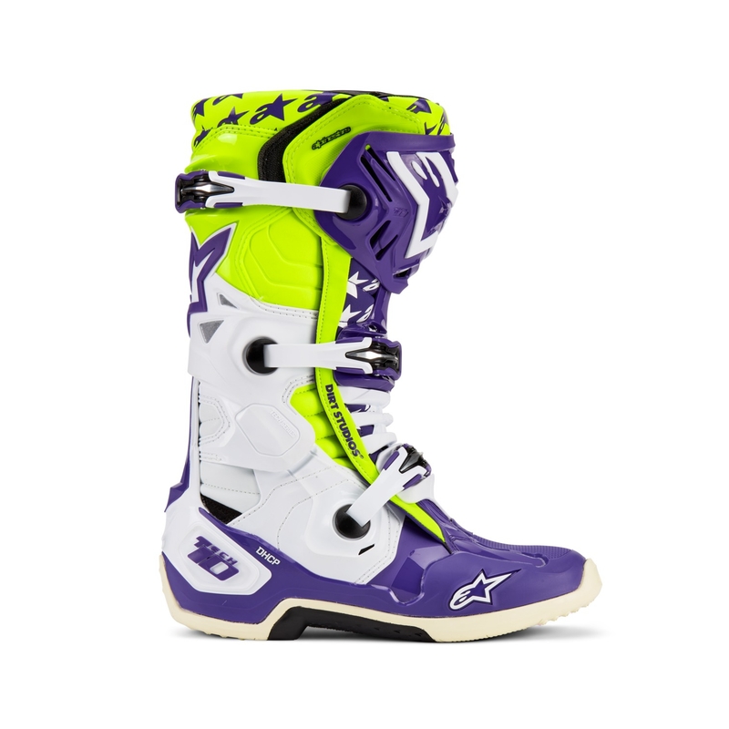 Bottes moto Alpinestars TECH 10 édition limitée Dirt Studios violet-blanc-jaune fluo