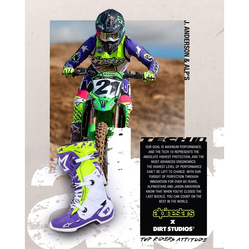 Bottes moto Alpinestars TECH 10 édition limitée Dirt Studios violet-blanc-jaune fluo