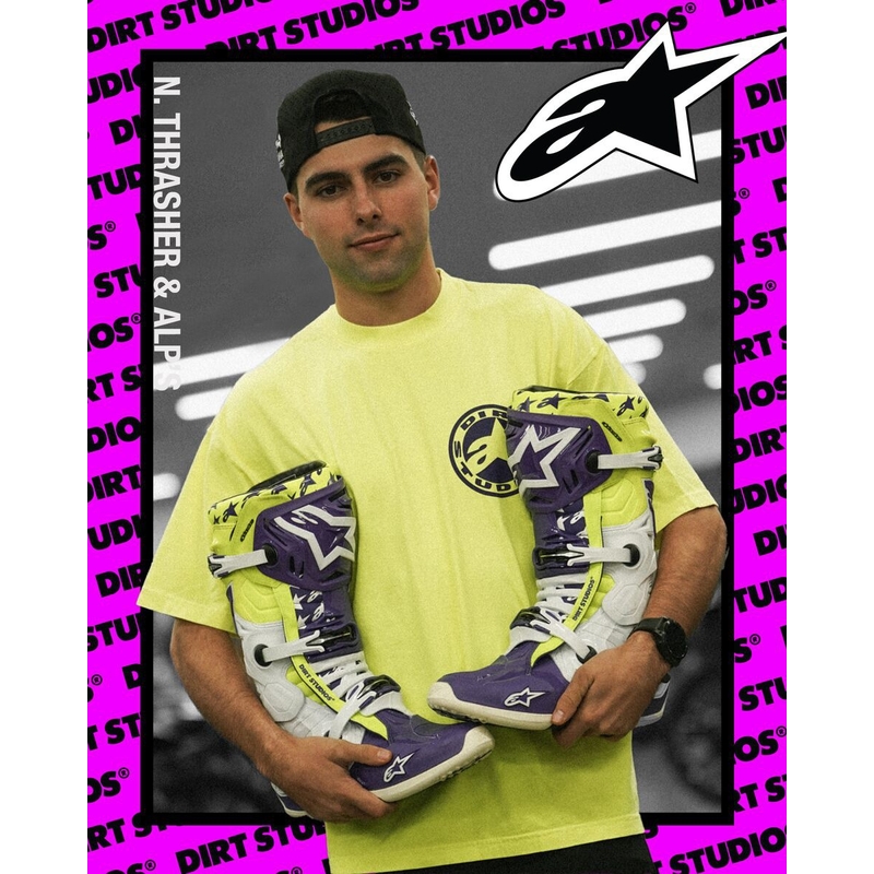 Bottes moto Alpinestars TECH 10 édition limitée Dirt Studios violet-blanc-jaune fluo