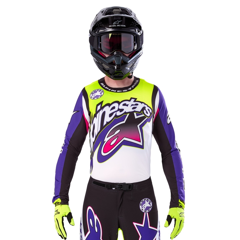 Maillot motocross Alpinestars Supertech SX édition limitée Dirt Studios blanc-violet-rose-jaune fluo
