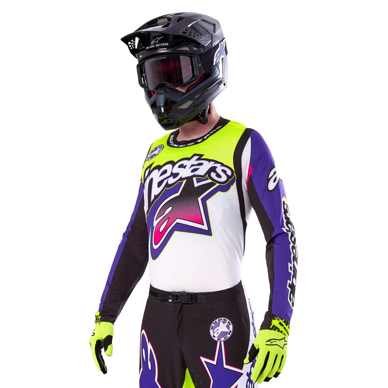 Maillot motocross Alpinestars Supertech SX édition limitée Dirt Studios blanc-violet-rose-jaune fluo