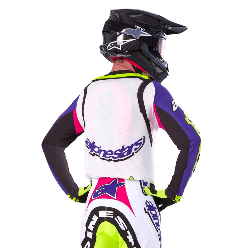 Maillot motocross Alpinestars Supertech SX édition limitée Dirt Studios blanc-violet-rose-jaune fluo